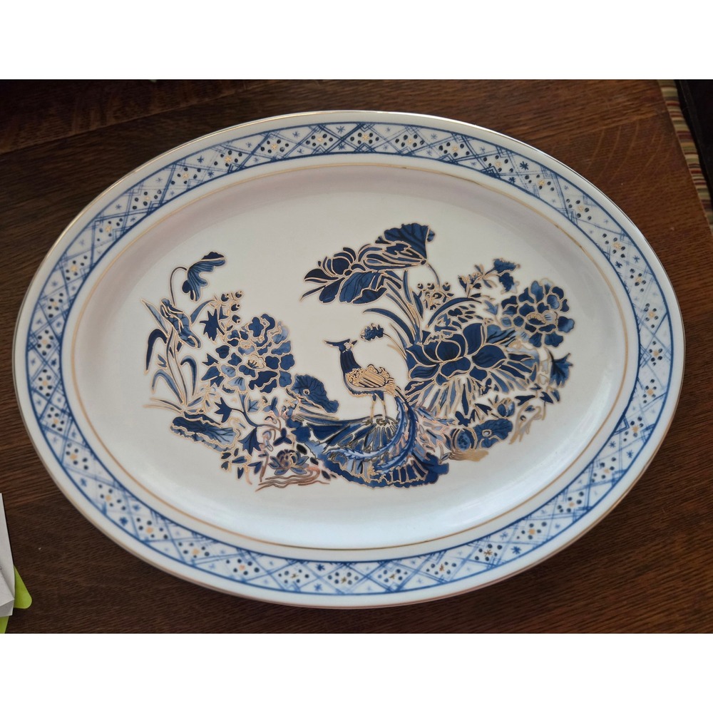 Ballard Designs Ming Collection Oval Serving Platter Blue Gold Peacock Floral